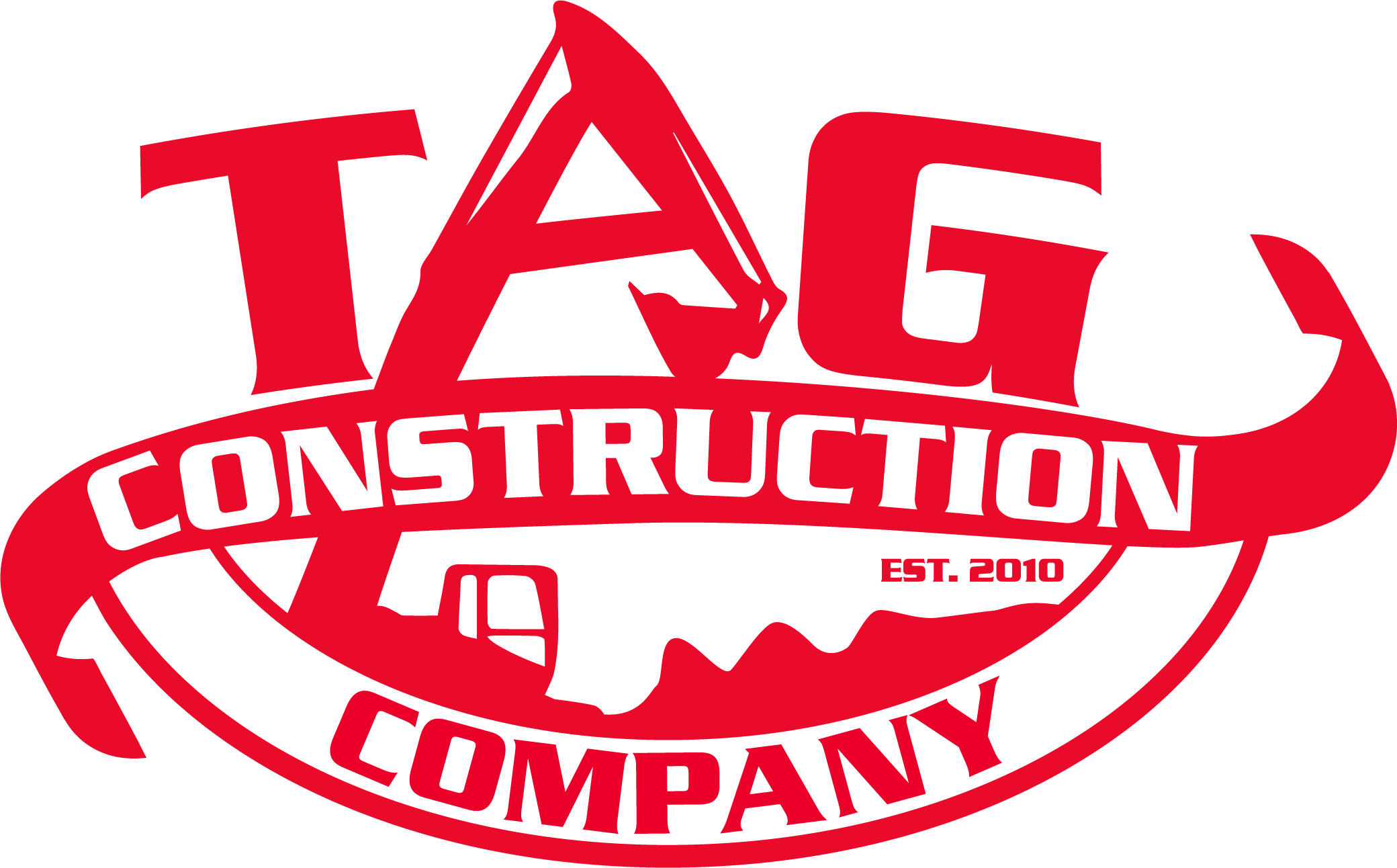 Red logo for TAG Construction Company with a stylized mountain and construction equipment inside an oval shape. EST. 2010 appears in small text next to the word Construction.