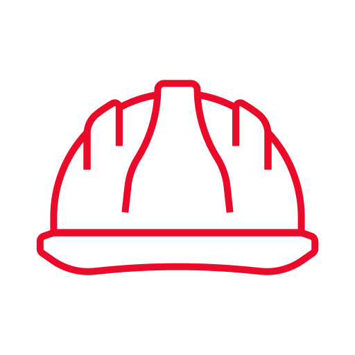 A simple red outline of a construction hard hat is shown on a light gray background.