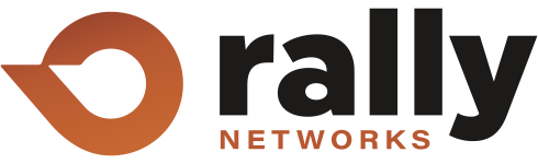 Logo for Rally Networks featuring a stylized orange circular arrow icon to the left of the bold black text rally and smaller orange text NETWORKS beneath it.