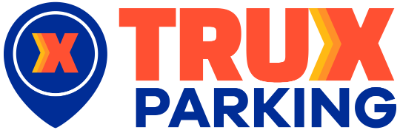 Logo for Trux Parking featuring a blue map pin with an orange X on the left, and the words TRUX PARKING in bold orange and blue letters to the right.