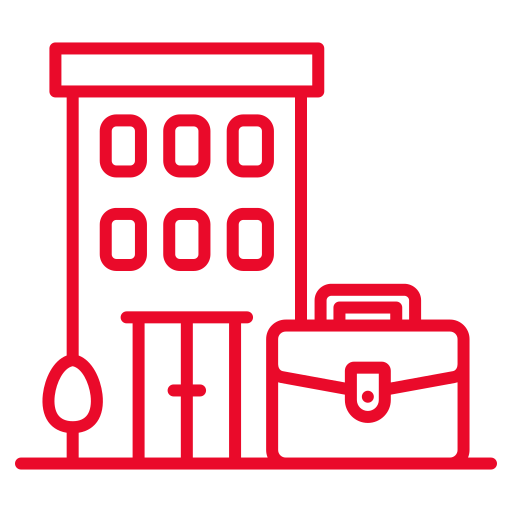 Red outline icon of an office building with several windows, a tree on the left, and a briefcase in front, representing business or corporate offices. The design is simple and modern on a light background.