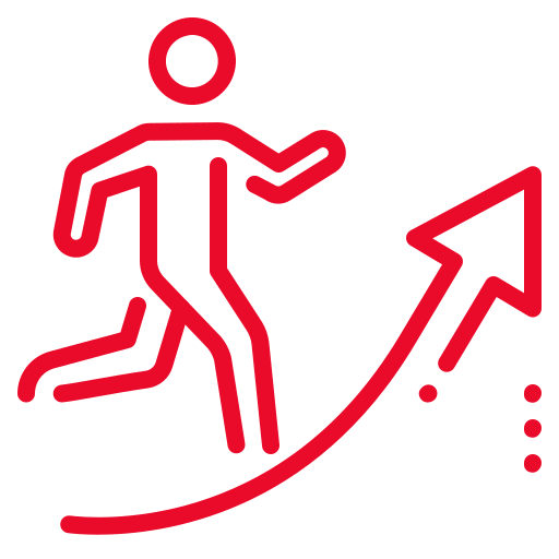 Red outline of a person running alongside an upward-curving arrow, symbolizing progress, growth, or improvement. The background is light gray, and the design is simple and modern.