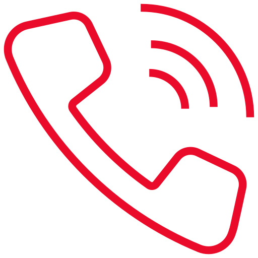 Red outline of a telephone handset with three curved lines representing sound waves, indicating a phone call or communication, on a light gray background.