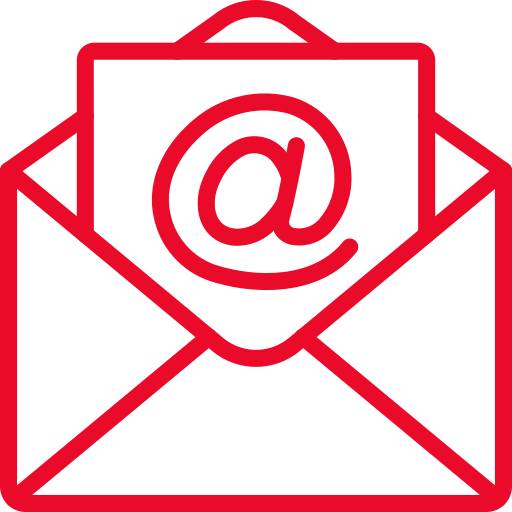 Red outline of an open envelope with a paper inside featuring a large @ symbol, representing email or electronic communication.