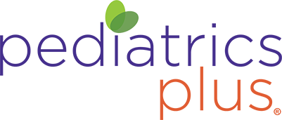 Logo for Pediatrics Plus. Pediatrics is written in purple lowercase letters with two green overlapping leaf shapes above the i. The word plus is in orange lowercase letters beneath atrics.