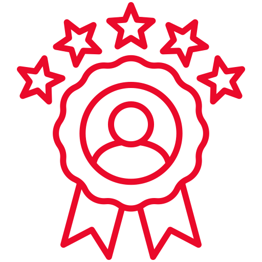 Red line drawing of a medal with a person icon in the center, two ribbon tails at the bottom, and five stars above, symbolizing achievement or excellence.