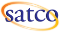 The logo features the word satco in bold, dark blue lowercase letters, overlaid on a swirling orange and yellow ring that creates a dynamic, energetic effect.