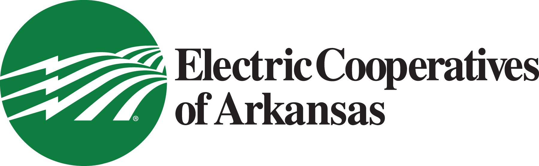 Logo of Electric Cooperatives of Arkansas. On the left, white power lines and fields are depicted inside a green circle. On the right, the organization’s name is written in black text.